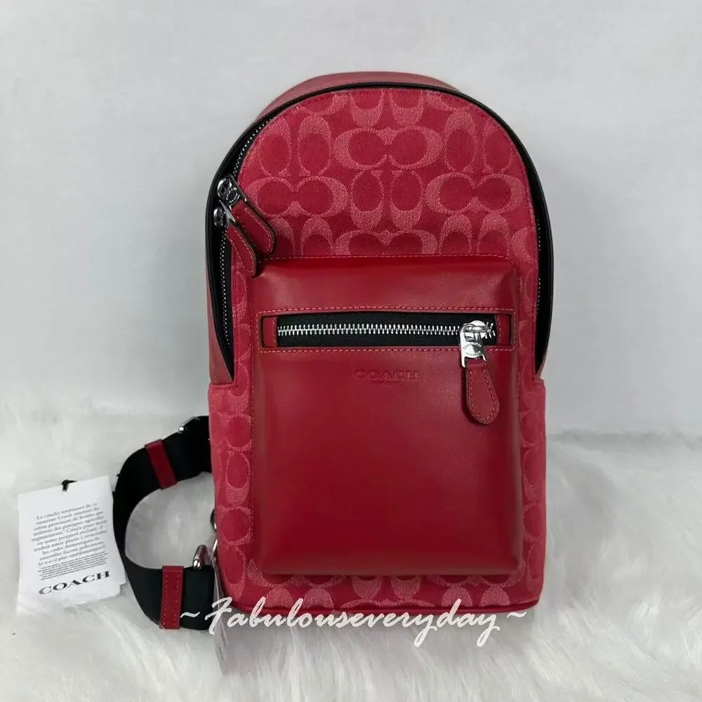 Coach Men's West Pack In Signature C Denim & Leather Silver/Ruby Red CDC50 NWT